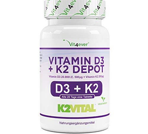 Vitamin D3 20.000 I.E + Vitamin K2 200 mcg Menaquinon MK7 Depot - 180 Tabletten - 99,7+% All-Trans - Laborgeprüft - Vegetarisch - Hochdosiert - Premium Qualität