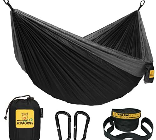 Wise Owl Outfitters Hängematte - Outdoor Hängematte für 2 Personen - Ultraleichte Reisehängematte - Belastbar bis 226 kg - Camping Zubehör - Inkl. Aufhängung u. Karabiner (Schwarz und Grau)