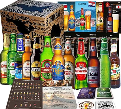 12x BIERE DER WELT, Geschenkidee für Mann zum Geburtstag, Vatertag, Ostern, Geschenkkarton + Tasting Anleitung + 12 x Produktinformation 4 Bierdeckel