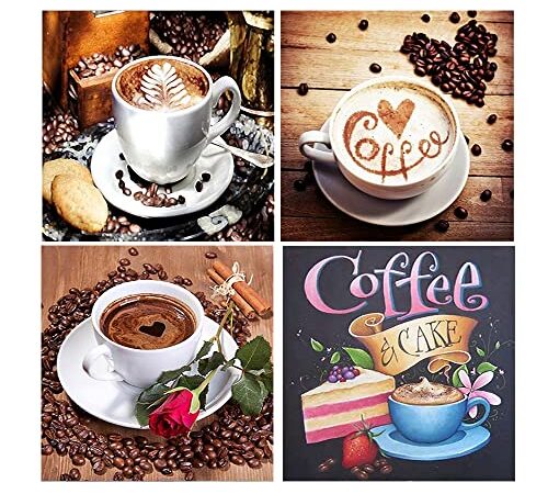 4 Stück Diamond Painting Full Set 30x30 cm Kaffee 5D Diamant Painting Bilder mit Diamond Painting Zubehör Diamond Painting Erwachsene DIY Diamant Malerei Malen nach Zahlen für Home Wall Décor