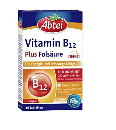 Abtei Vitamin B12 plus Folsäure - für Energie und Leistungsfähigkeit - hochdosiert mit 250µg Vitamin B12 und 200µg Folsäure, 1 x 30 Tabletten