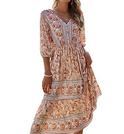 ACLOIN Maxikleider Damen Blumen Kleider Sommerrock Sommerkleid Lang Strandkleid Boho V-Ausschnitt Kleid (Aprikose, L)