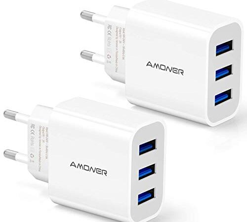 Amoner USB Ladegerät 2 Stücke 3-Port 3A Ladeadapter 15W USB Netzteil USB Stecker für Phone 13/12/11/ X/8/8 Plus, Galaxy S9/S9 Plus/S8/S8 Plus und Weitere USB-Anschluss Geräte