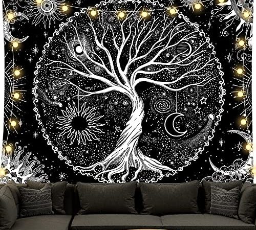 BOZILY Tapisserie Wandbehang, Schwarz und Weiß Baum des Lebens Wandteppiche Mondphasen Tapestry für Wohnzimmer Tagesdecke Zimmer Schlafzimmer( L/150x200cm)