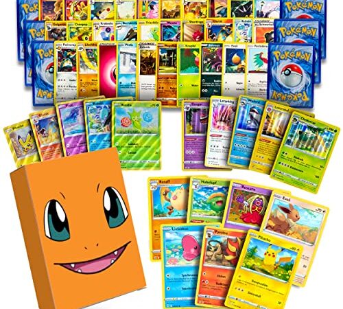 CARDMEX Pokemon Karten original in deutsch - 50 Stück Schutz-Box - Set mit 1 Holo, 2 Reverse Holos und 2 Seltene garantiert - Verschiedene Pokémon Sammelkarten, jedes Set ist Anders