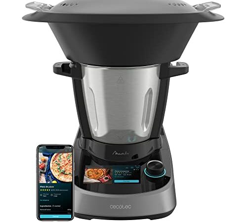 Cecotec Mambo Touch Multifunktions-Küchenmaschine, 1600 W, 37 Funktionen, 5 Zoll TFT Touchscreen mit integriertem Rezeptar, 3, Liter Kapazität, APP, Waage und Krug aus Edelstahl, 04345, Schwarz