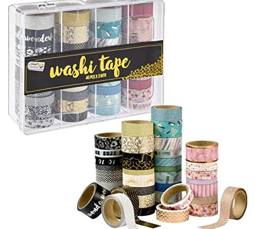 Craft Sensations Washi Tape Set 40 Rollen á 3 Meter | Dekoratives Masking Tape in 40 einzigartigen Designs zum Bastelarbeiten, Schreibwaren, Tagebücher | Kleberollen inkl. handlicher Aufbewahrungsbox