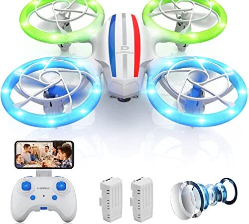 DEERC Mini Drohne mit Kamera für Kinder, RC FPV Quadrocopter mit Wifi Übertragung,2 Akkus Lange Flugzeit,Bunte LED Lichter,APP Gestensteuerung,Tap Fly,3D Flip Kinderdrohnen für Anfänger Mädchen D23