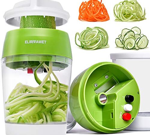 ELIRIVAWET Neueres Modell 5 in1 Spiralschneider Hand für Gemüsespaghetti, Gemüse Spiralschneider mit Behälter, Gemüsehobel für Karotte, Gurke, Kartoffel,Kürbis, Zucchini, Zwiebel