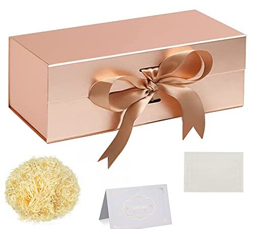 Geschenkbox Set, Roségold Geschenkbox mit Schleife Große Geschenkbox mit Magnetdeckeln 32x22x10cm Geschenkbox zerrissenes Seidenpapier Grußkarten für Weihnachten Geburtstag Hochzeitstag