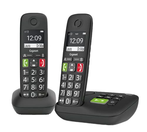 Gigaset E290A DUO - 2 Schnurlose Senioren DECT-Telefone mit Anrufbeantworter - großen Tasten und Display, Zielwahltasten für wichtige Nummern, Verstärker-Funktion für extra lautes Hören, schwarz