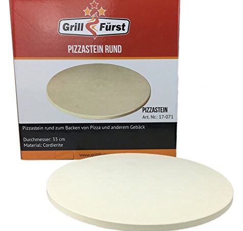 Grillfürst Pizzastein rund aus Cordierit - Pizza Steinplatte für Grill und Backofen, schnell aufheizender Backstein für knusprige Pizzen, Ø 33 cm