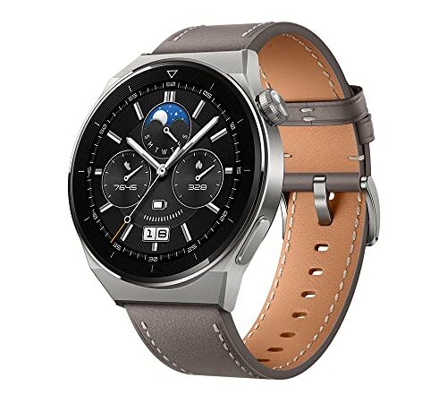 HUAWEI Watch GT 3 Pro Smartwatch, Titangehäuse, Saphiruhr, Sauerstoffsättigung und Herzfrequenz, Lange Batterielebensdauer, graues Lederarmband, 46 mm