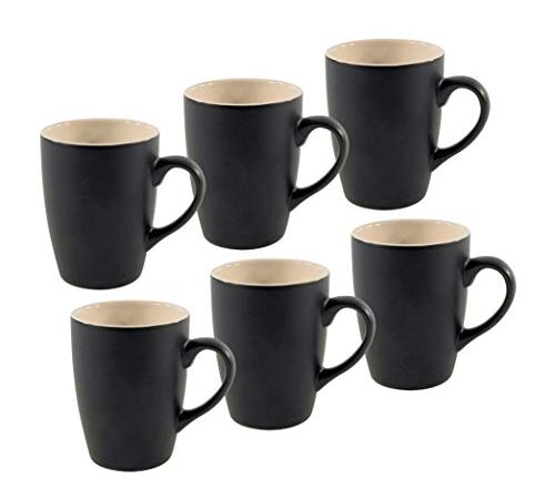 Kaffeebecher 6er Set je 340 ml - schwarz matt / innen beige - Kaffeebecher mit Henkel - Tee Becher Kaffee Tasse aus Porzellan