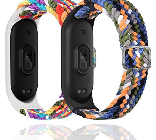 Keecuty 2 Stück Nylon Armband für Mi Band 6/5 / 4/3 Armband Elastisches Stoff Geflochten Weichem Nylon Sport Armbänder Elastizität Atmungsaktive Erweiterbar Uhrenarmband für Mi Band 6/5/4/3-2A