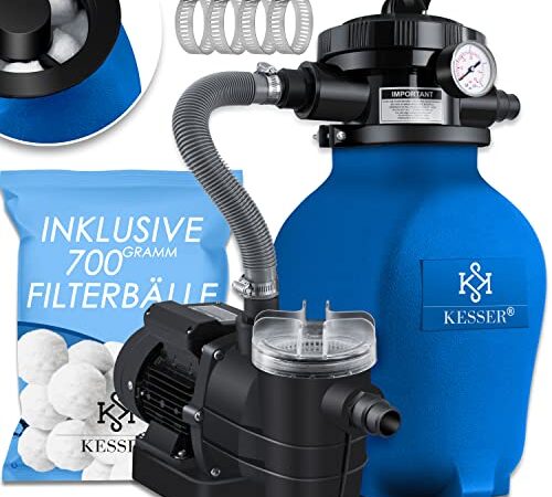 KESSER® Sandfilter Sandfilteranlage + 700g Filterbälle ersetzen 25kg Filtersand- Poolfilter 10 m³/h Filteranlage Filterkessel für Pool Schwimmbecken 4-Wege Ventil, einfache Steuerung, Blau