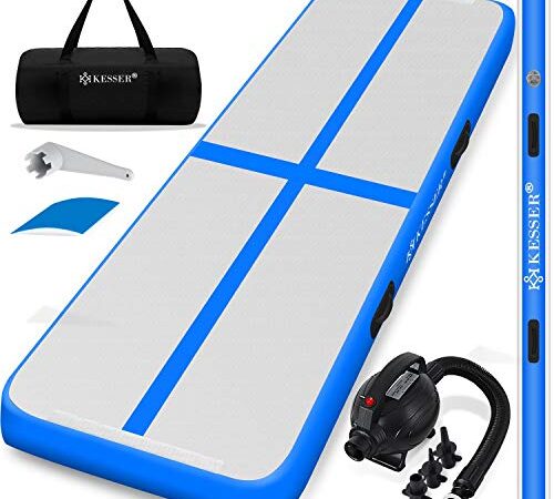 KESSER® Turnmatte Aufblasbar Airtrack 300x100x10 Fitness-Matte Gymnastikmatte 3/4/5/6m | inkl. Tragetasche & elektr. Luftpumpe | Yogamatte, Tumbling Matten Trainingsmatte Sportmatte Yoga, Turn Blau