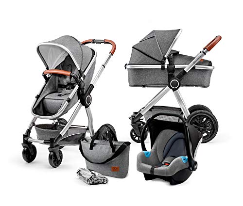 kk Kinderkraft Kinderwagen 3 in 1 VEO, Kinderwagenset, Kombikinderwagen, Buggy, Autositz, Zubehör, Travel System, Zweistufige Federung, Große Räder, Einfaches Zusammenklappen, Grau, 1 Stück (1er Pack)