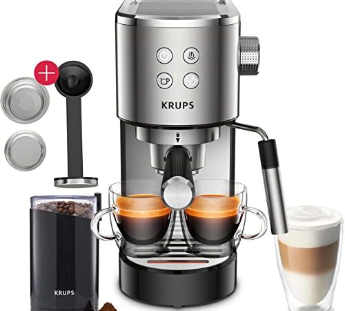 Krups Virtuso Espresso Siebträgermaschine 15 Bar, Testsieger Stiftung Warentest + F20342 Kaffeemühle + Tamper, mit Professioneller Milchschaumdüse, automatischer Abschaltung Edelstahl