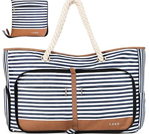 Lekespring Strandtasche Damen Groß mit Reißverschluss, Vielseitiger Damen Shopper Badetasche Saunatasche Reisetasche Tote Bag für Strand Reisen Einkaufen Sport u.Arbeit (Gestreift)