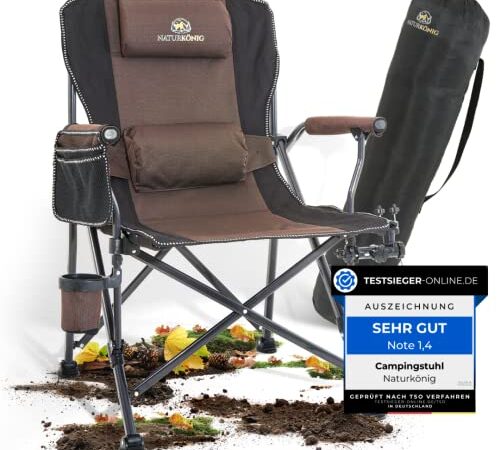 Naturkönig Campingstuhl Faltbar Braun Stabil bis 160Kg [Ergonomisch Große Sitzfläche] mit Kissen Universalhalterung Tasche Getränkehalter | Angelstuhl Faltstuhl Klappstuhl - Wandern Angeln Zelten