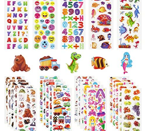 Nepfaivy 3D Aufkleber für Kinder Mädchen Jungen - 40 Verschiedene Blätter 860+ Stickers, Geschwollene Bunte Sticker Set inkl. Zahlen, Buchstaben, Auto, Tiere, Obst und Mehr