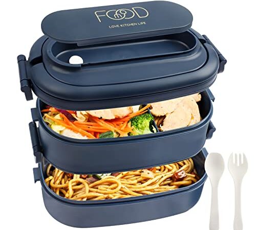 OITUGG 2-Schicht Brotdose: 1550ml Lunchbox mit 3-Fächern und mit Besteck - Kunststoff BPA-frei Lunch Box für Erwachsene und Männer - Auslaufsicher Fächern Bento Box Mikrowellengeeignet Heizung (Blau)