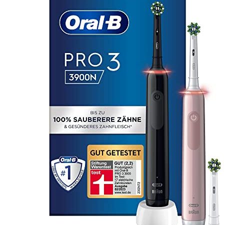 Oral-B Pro 3 3900 Elektrische Zahnbürste/Electric Toothbrush, Doppelpack & 3 Aufsteckbürsten, mit 3 Putzmodi und visueller 360° Andruckkontrolle für Zahnpflege, Geschenk Mann/Frau, schwarz/pink