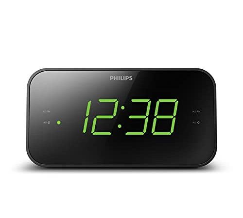 Philips Audio Wecker mit Radio, Display für das Bett, Digitalradio mit Doppelalarm, Sleep Timer & Schlummerfunktion, tragbar mit Batterie-Backup, schwarz mit großem Display