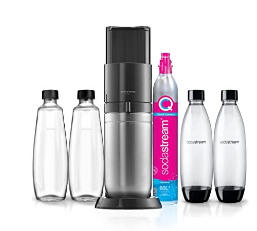 SodaStream Wassersprudler DUO mit CO2-Zylinder, 2x 1L Glasflasche und 2x 1L spülmaschinenfeste Kunststoff-Flasche, Höhe: 44cm, Farbe: Titan, 29x25.6x44.4