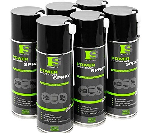 Spraytive Power 6 x 400ml Druckluftspray/Druckluftreiniger mit 100mm Sprühverlängerung | Druckluft aus der Dose (Air Duster) | für die Reinigung von Tastatur, PC/Computer, Kamera | Made in Germany!