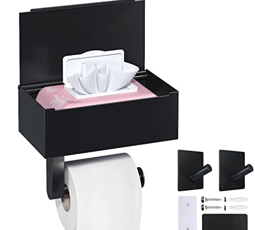 Toilettenpapierhalter Ohne Bohren, Heatigo 3 in 1 Schwarz Klopapierhalter mit Feuchttücher Box Papierrollenhalter, Toilettenpapier Klorollenhalter für Badezimmer, Selbstklebend or Bohren