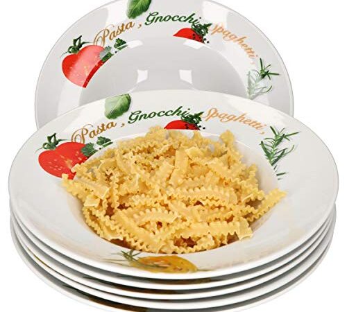 Van Well 6er Pasta-Teller-Set Milano mit Aufdruck I Ø 27 cm Porzellan-Teller I tiefe Nudelteller I Suppenteller mit breitem Rand I Design Pastateller bunt zum Servieren für Nudelgerichte