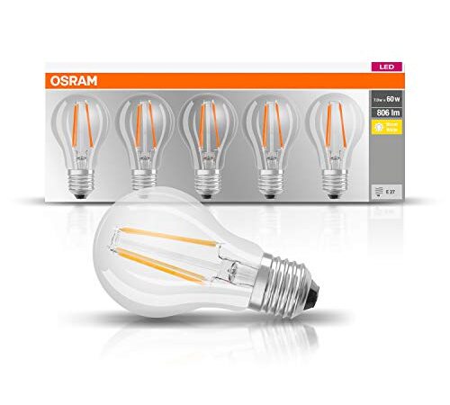 Osram LED Base Classic A Lampe, Sockel: E27, Warm White, 2700 K, 7 W, Ersatz für 60-W-Glühbirne, klar , 5er Packung