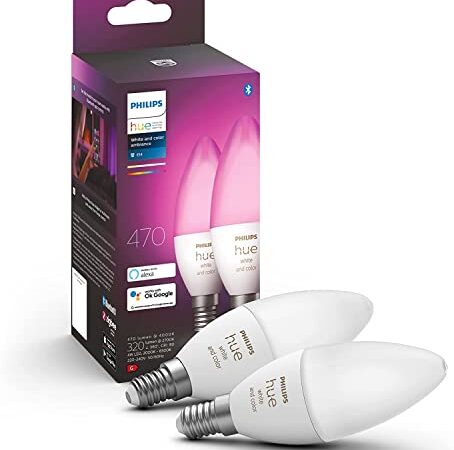 Philips Hue White & Color Ambiance E14 Lampe Doppelpack 2x320lm, dimmbar, bis zu 16 Millionen Farben, steuerbar via App, kompatibel mit Amazon Alexa (Echo, Echo Dot)