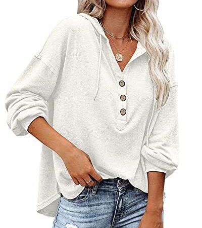 PLOKNRD Kapuzenpullover Damen Button Down Leichter Pullover für den Herbst 40-42 （Cremeweiß,M