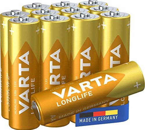 VARTA Batterien AA, 12 Stück, Longlife, Alkaline, 1,5V, ideal für Fernbedienungen, Wecker, Radios, Made in Germany