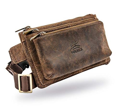 Volmer I Modische Bauchtasche aus feinem und robusten Büffel Leder I Damen und Herren I Große Fächer und sicherer Reißverschluss I Gürteltasche Echt Leder Braun I Unisex Retro Look I Modell: Portland