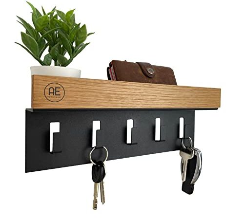 AE GÜNTHER® Schlüsselbrett Holz - Schlüsselhalter Schwarz Stahl - Schlüsselboard Eiche - Schlüssel organizer mit Ablage - Schlüsselanhänger - Schlüsselkasten -Wandorganizer - Schlüsselleiste (Schwarz)