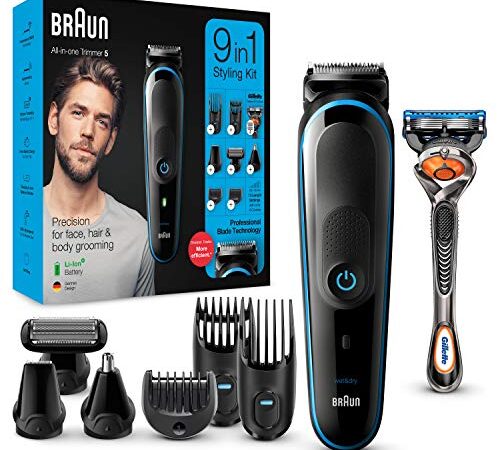 Braun Barttrimmer/Haarschneider Herren, Trimmer/Haarschneidemaschine & Rasierer, 9-in-1 Set für Bart, Gesicht, Kopf, Körper, Ohren und Nase, MGK5280, schwarz/blau, (1er Pack)