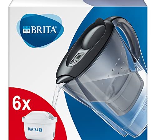 BRITA Wasserfilter Marella graphit inkl. 6 MAXTRA+ Filterkartuschen (Halbjahrespaket) – Filter-Kanne (2,4l) zur Reduzierung von Kalk, Chlor, Blei & Kupfer im Wasser – jetzt in nachhaltiger Verpackung