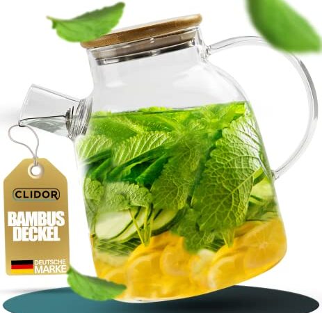 CLIDOR ® - Glaskaraffe - 1,6 Liter ( verstärkte Glasdicke ) Karaffe für Heiß- & Kaltgetränke - Tropffreier Ausguss - Wasserkaraffe - Teekanne Glas - robuste Glaskaraffe mit Deckel - 1,6L Wasserkrug