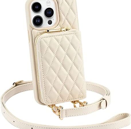 CUSTYPE Hülle für iPhone 14 Pro Max, Leder Hülle mit Kartenfach, Stoßfeste Schutzhülle Brieftasche mit Schulterriemen und Trageschlaufe, Handyhülle iPhone 14 Pro Max Case Beige, 6.7 Zoll