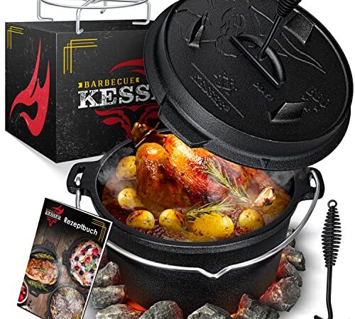 KESSER® Dutch Oven Set BBQ 12 Liter, Feuertopf Schmortopf mit Edelstahluntersetzer, Gusseisen Topf mit Deckelheber Henkel und Schlitz für Themormeter, kochkessel Grilltopf für Oudoor & Indoor