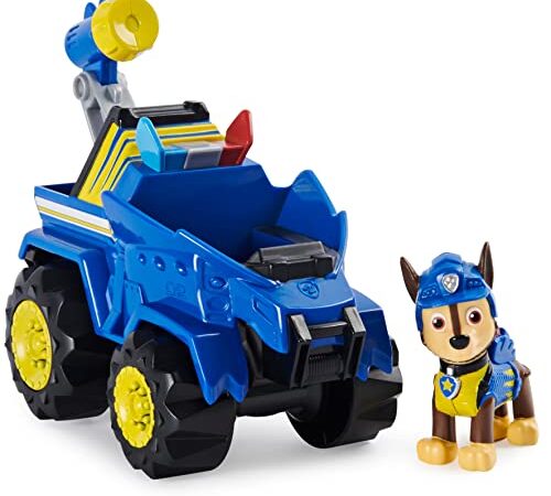 PAW PATROL Dino Rescue Chases Basis Fahrzeug mit Rückzieh-Mechanismus, inklusive Hundefigur und Überraschungs-Dino, Spielzeug für Kinder ab 3 Jahren