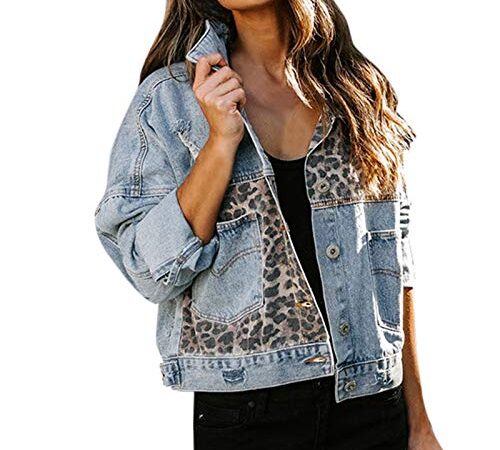 SALUCIA Damen Winter Leopard Patchwork Jeansjacke Langarm Schlank Warm Wintermantel Winterjacke Gefüttert Denim Jacke Mantel Outwear Coat Top Oberteile Sweatshirt Mit Taschen