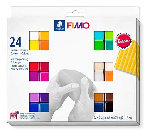 STAEDTLER 8023 C24-1 soft ofenhärtende Modelliermasse. Kartonetui mit 24 sortierten Basic-Farben, 24 Halbblöcke à 25 g