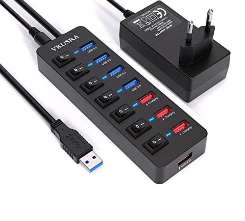 USB Hub mit Netzteil 12V/3A, VKUSRA 8 Ports USB Hub 3.0 (4 USB 3.0 Ports für Datenübertragung + 4 Schnellladeports), Kompakt USB Hub mit Unabhängige EIN/Aus-Schalter und 36W Netzteil Adapter