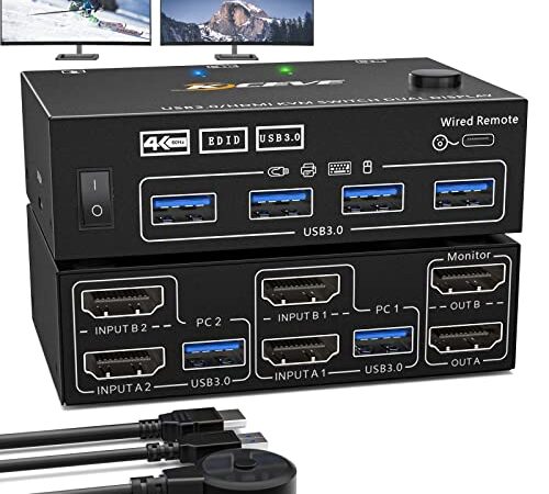 USB3.0 KVM Switch 2 Monitor HDMI 4K@60Hz, KVM Switch 2 pc 2 monitore, KVM Switches Dual Monitore Support HDMI 2.0, EDID Emulation, Button Switch, 2 pc 2 monitor Switch mit HDMI+USB Kabel