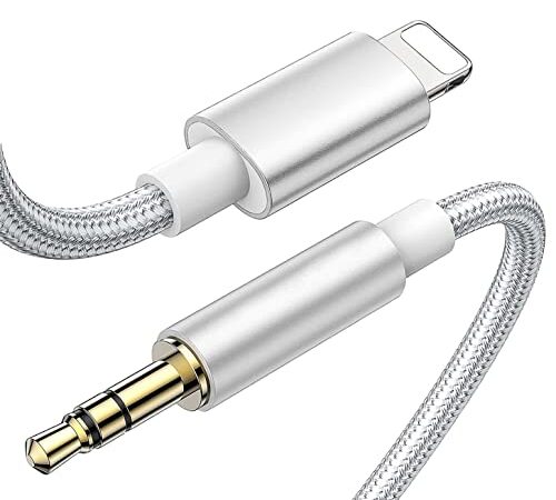 WINSSG Auto AUX Kabel für iPhone, Audiokabel Aux Kabel auf 3.5mm Premium Audio für iPhone SE 2022/X/XS/XR/12/12 Pro/13/13 Pro/14/14 Pro/14 Pro Max/11/11Pro/8/7 Plus Car Audio, Lautsprecher-Silber-1M